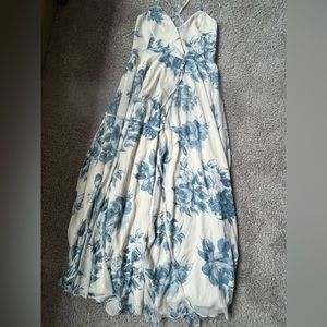 Lulus Cream and Blue Floral Wrap Maxi Dress